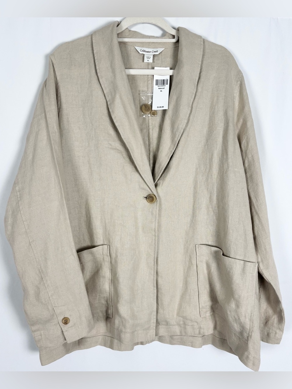 NWT Coldwater Creek XL 100% Linen Tan Unstructured Relaxed One Button Blazer